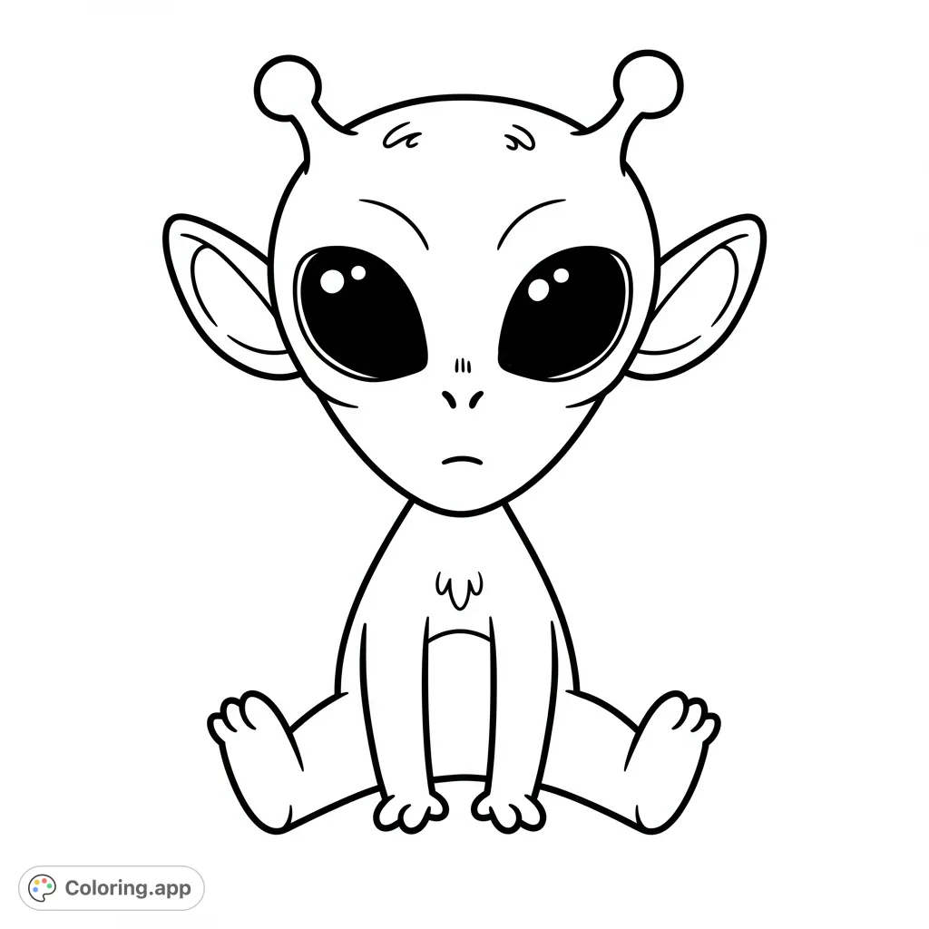 A charming, free printable alien coloring page featuring a cute, wide-eyed extraterrestrial sitting, perfect for kids and space enthusiasts.