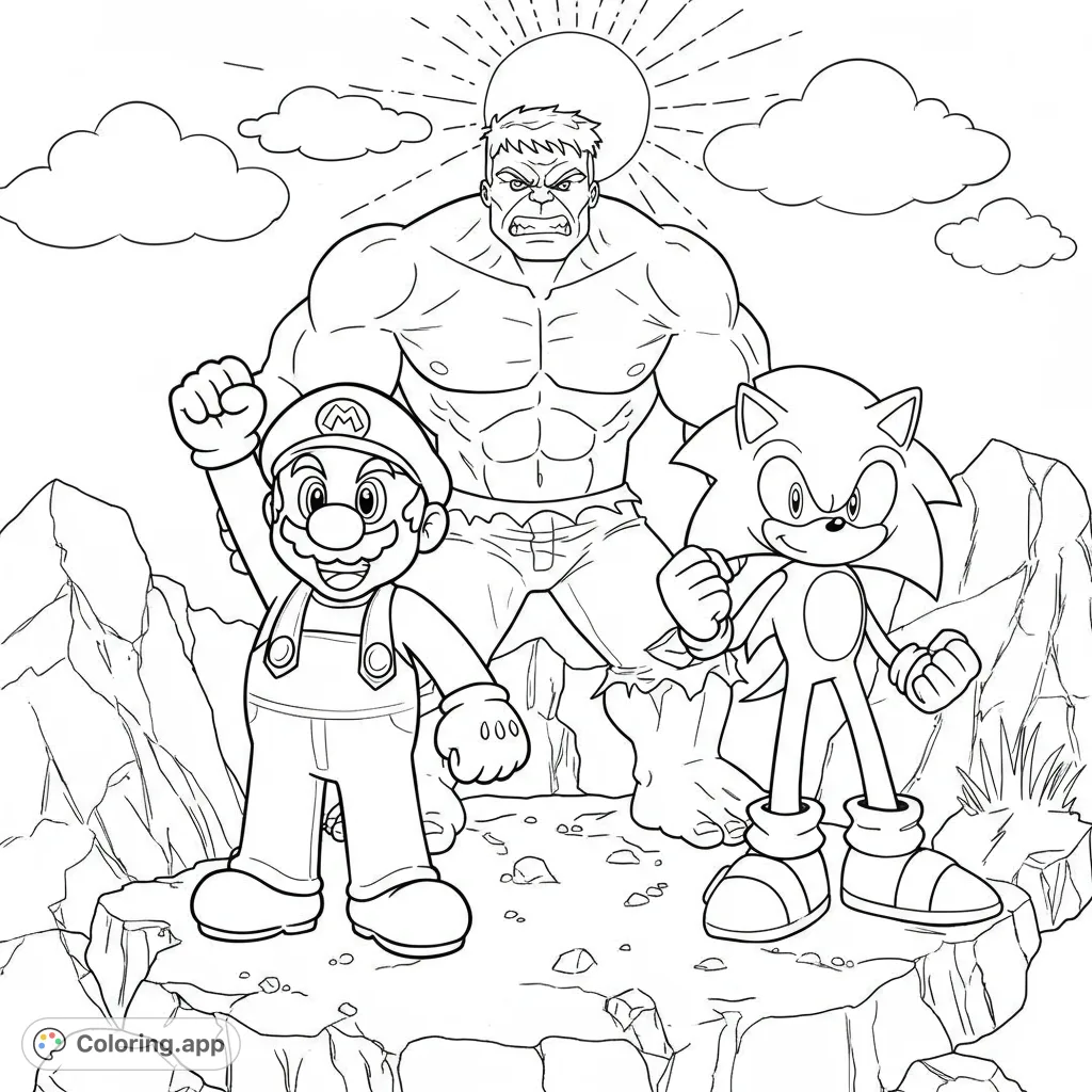 Iconic heroes Mario, Hulk, and Sonic stand united on a rocky terrain under a shining sun. A dynamic free printable coloring page for fans of all ages.