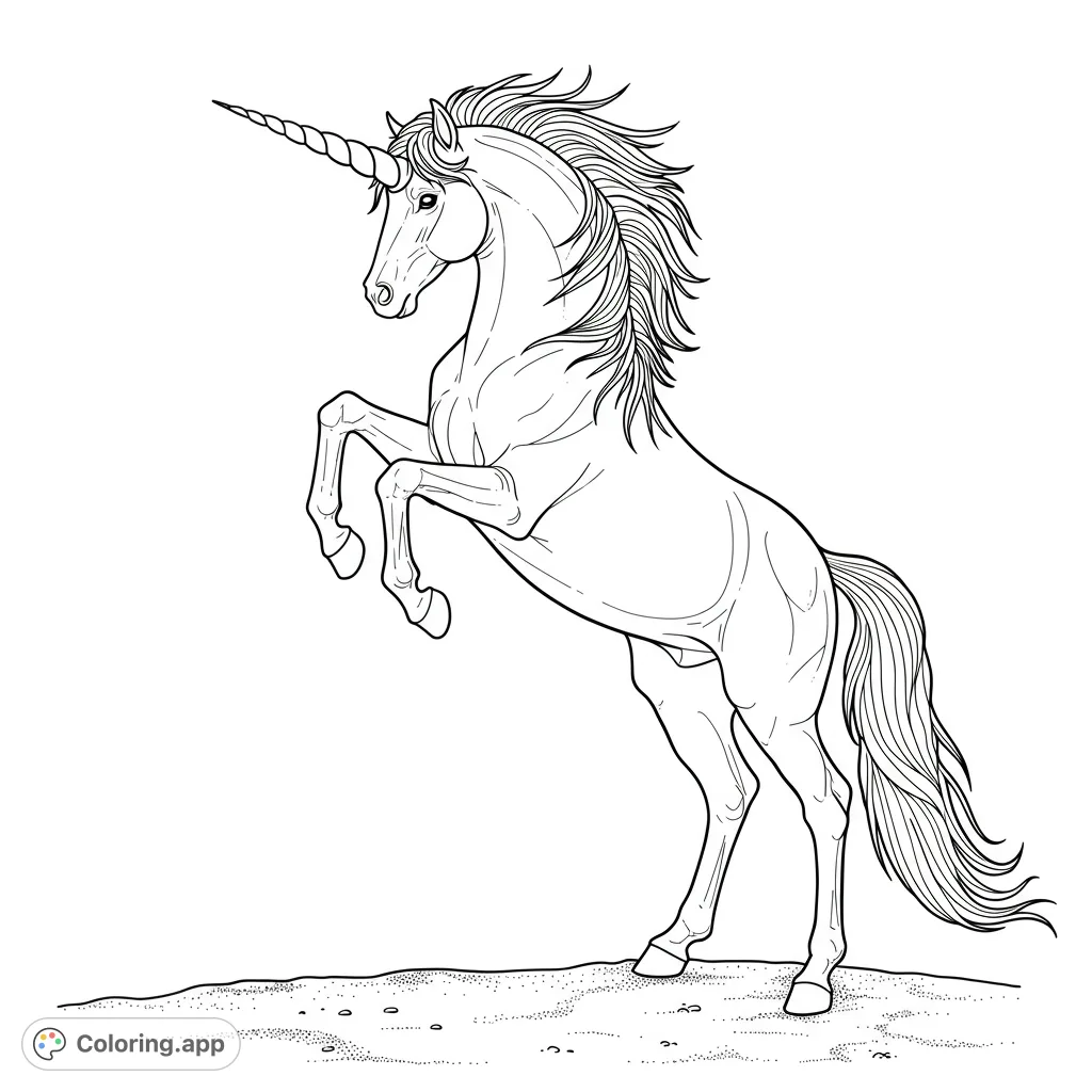 A majestic unicorn rears on its hind legs, showcasing its elegant form and flowing mane. A magical free printable unicorn coloring page for all ages.