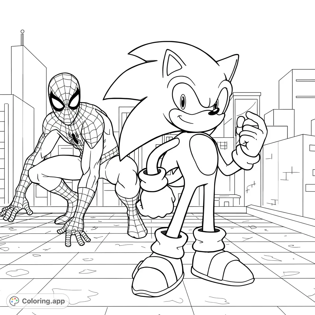 Dynamic superhero crossover coloring page featuring Spider-Man and Sonic on a city rooftop. A free printable adventure for fans of all ages!