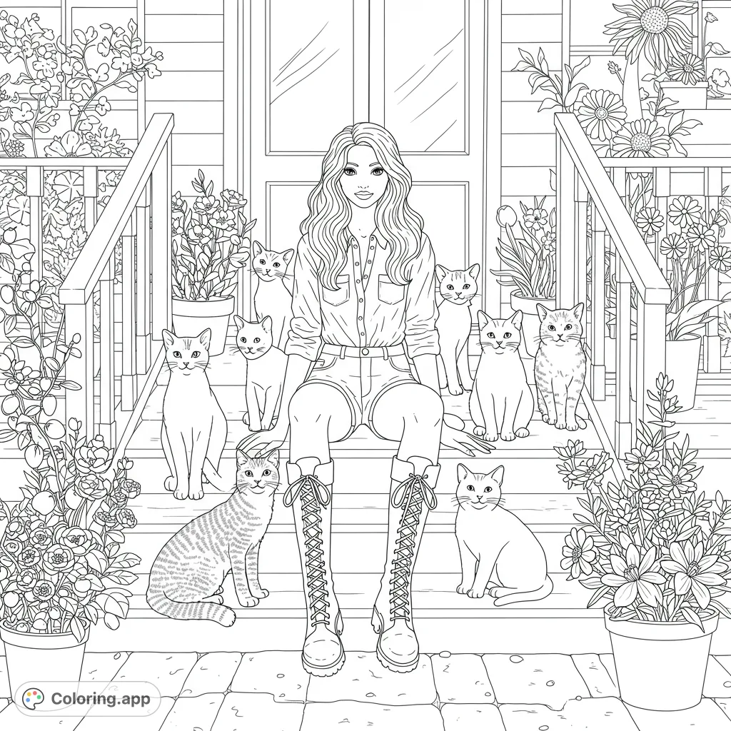 A charming scene featuring a girl surrounded by seven cats on a flower-filled porch. Perfect for cat lovers and those who enjoy detailed nature and character designs.