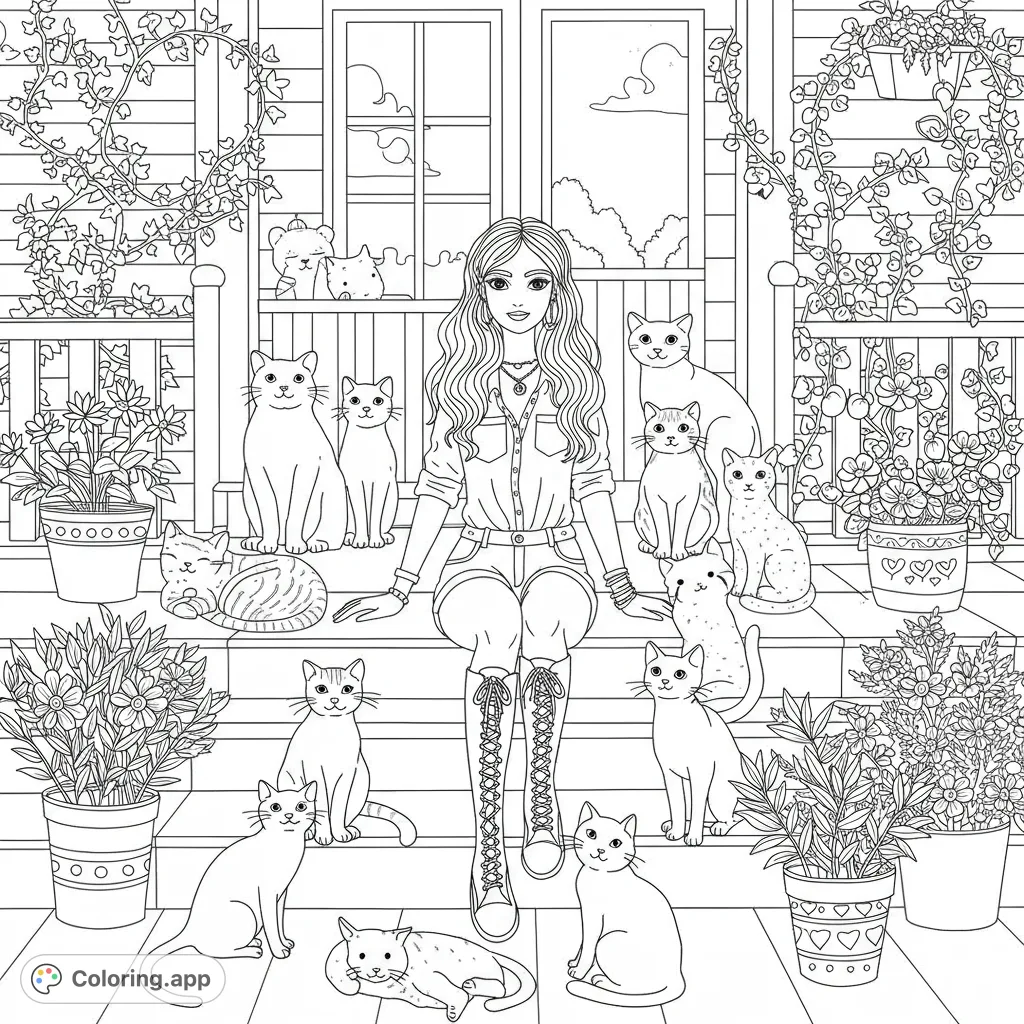 A charming cat lover coloring page featuring a girl surrounded by numerous feline friends on a cozy porch, adorned with plants and intricate details.