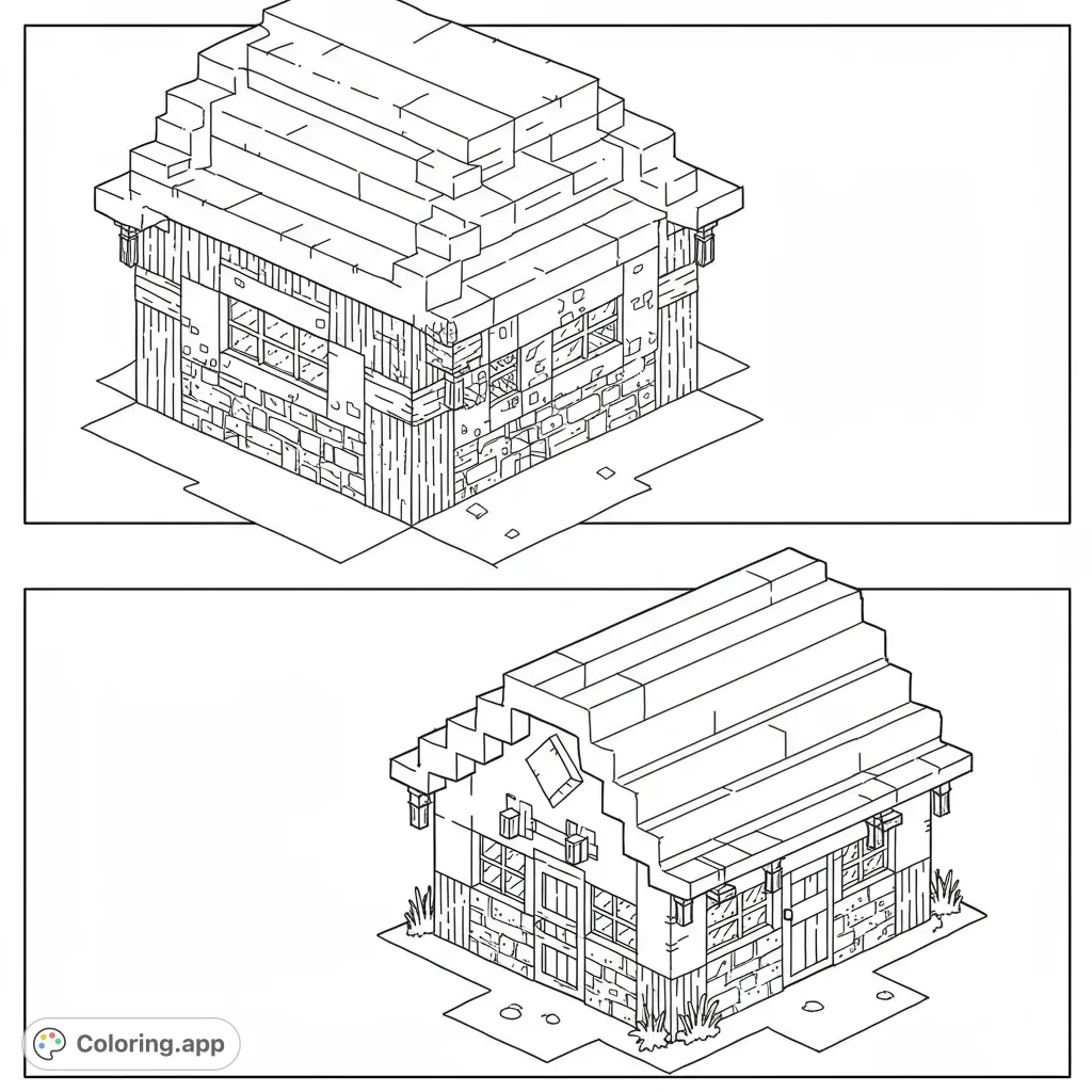 Explore two charming block-style houses in this free printable coloring page. Perfect for fans of pixel art and building games, offering creative fun.
