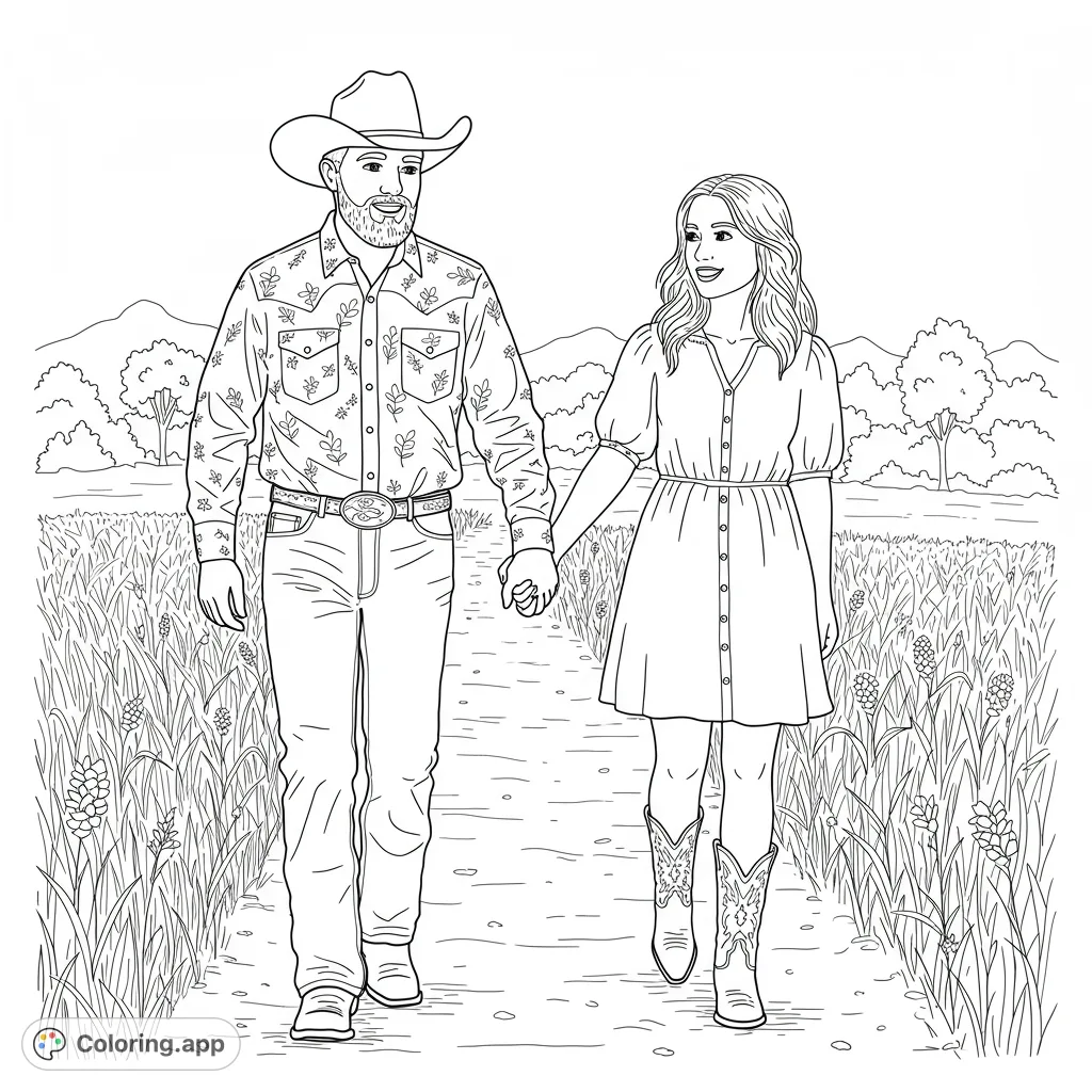 A charming country couple strolls hand-in-hand through a grassy field, perfect for a relaxing western-themed coloring page.