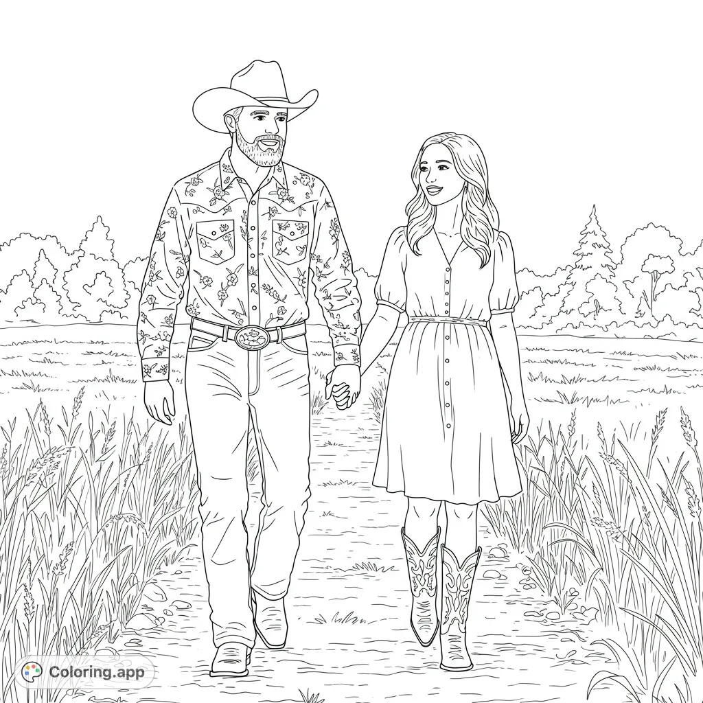 A charming country couple walks hand-in-hand down a path, surrounded by tall grass and trees. A free printable country romance coloring page.