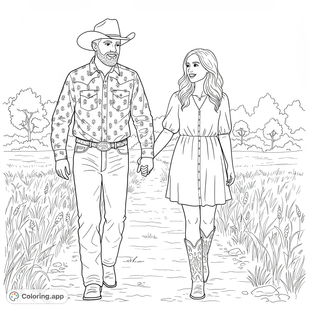 A charming country couple, a cowboy and a woman in boots, stroll hand-in-hand through a grassy field. Perfect for a romantic coloring page experience.