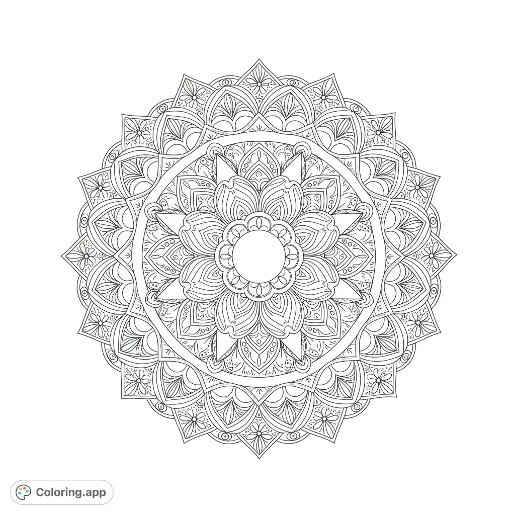 Discover an intricate mandala coloring page, a free printable design with detailed floral and geometric patterns for mindful coloring and relaxation.