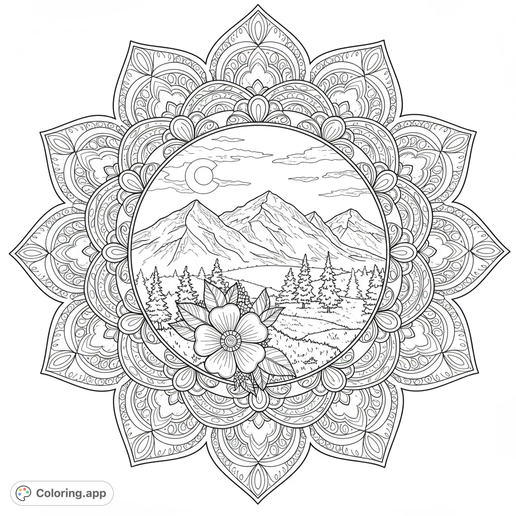 A serene mountain landscape framed by an intricate mandala, perfect for mindful coloring and nature lovers. Free printable mountain mandala coloring page.