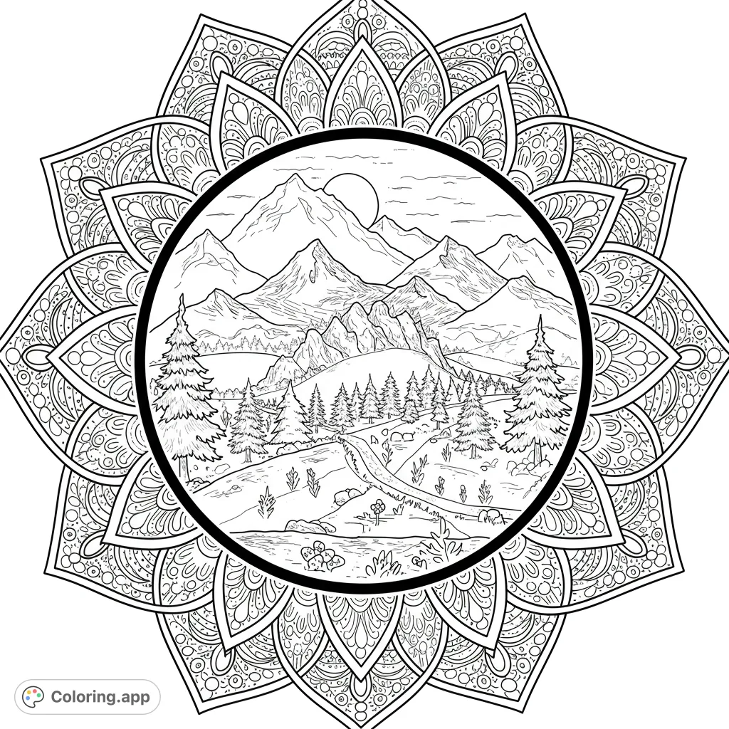Intricate nature mandala frames a serene mountain landscape with forests and a winding path, perfect for mindful coloring pages for adults.