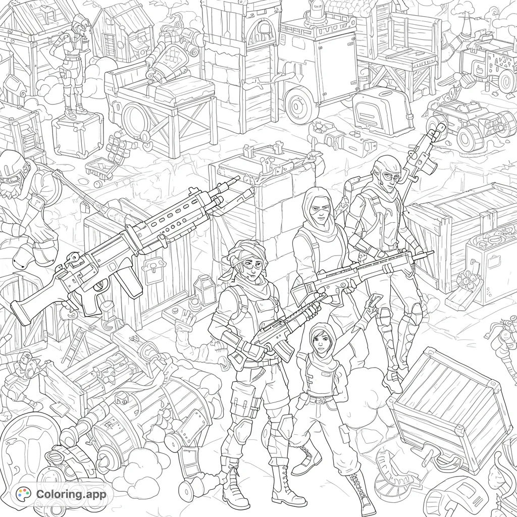 An action-packed tactical team in a detailed post-apocalyptic scavenger outpost. Perfect for fans of futuristic adventure and intricate designs.