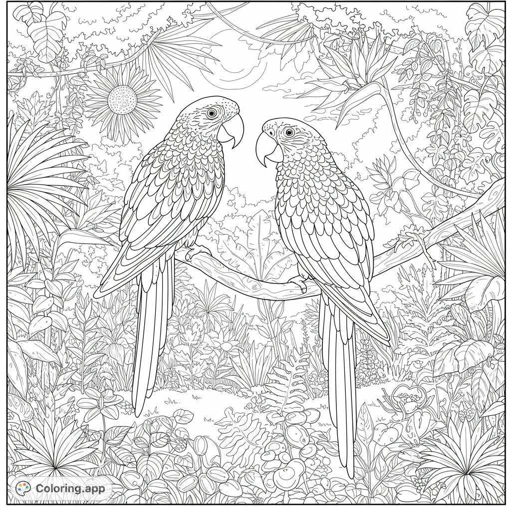 Two vibrant parrots perch in a lush jungle, surrounded by intricate tropical foliage. A detailed nature scene for creative coloring.