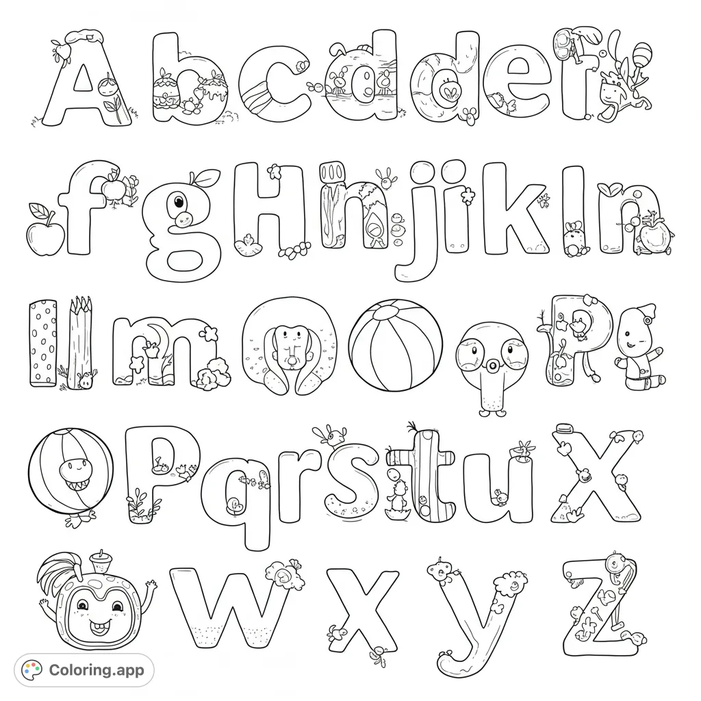 Explore the whimsical lowercase alphabet, 'a' to 'z', each letter adorned with charming creatures and playful designs. A delightful free printable coloring page.