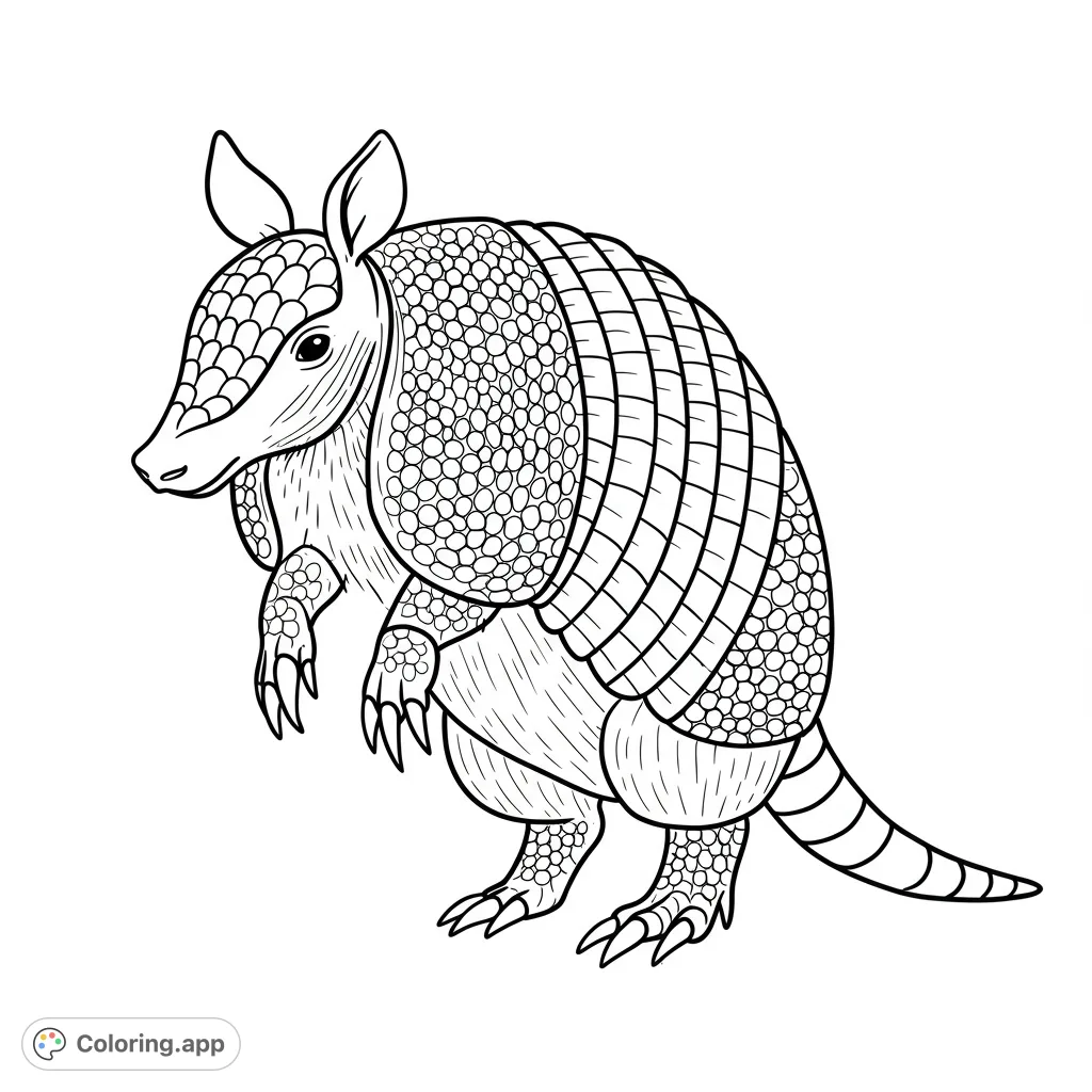 Discover a detailed armadillo coloring page, perfect for all ages. Explore intricate scales and textures in this free printable design.