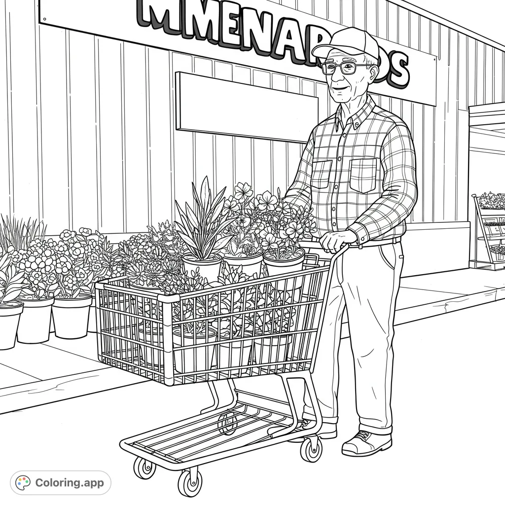 An elderly man smiles, pushing a shopping cart filled with various potted plants outside a store. A delightful gardening theme coloring page for all ages.