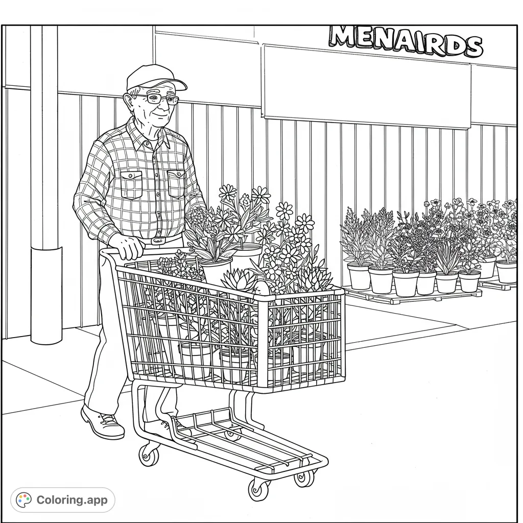 A cheerful senior man pushes a shopping cart overflowing with beautiful potted plants and flowers, ready for a vibrant garden project.