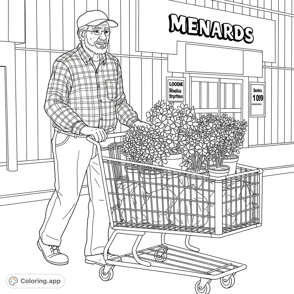 A free printable shopping trip coloring page featuring an older man pushing a cart full of potted plants outside a store. Perfect for all ages.
