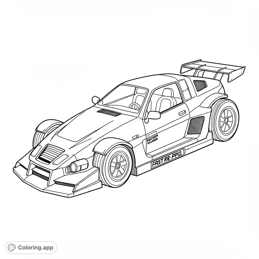 A sleek, futuristic race car with wide body kit and large spoiler, a free printable coloring page for speed enthusiasts. Perfect for all ages!