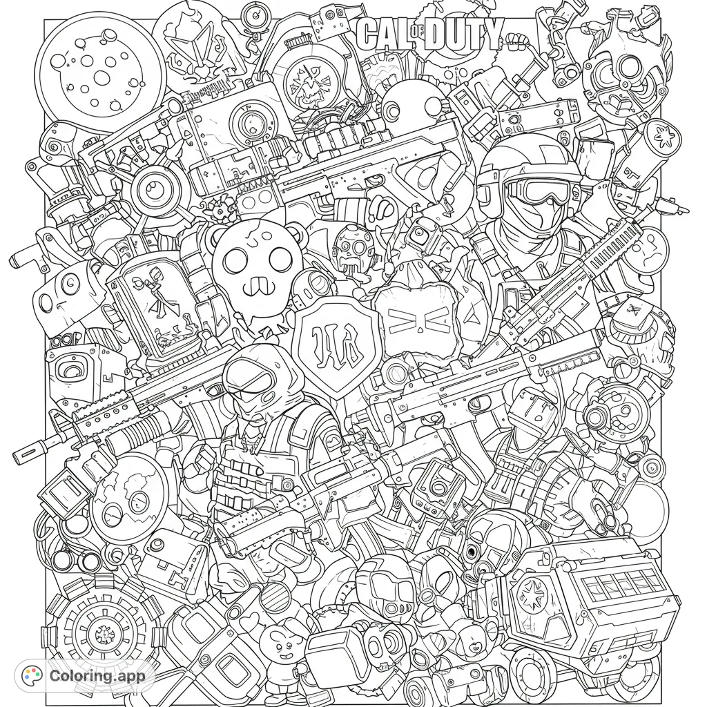 Dive into a detailed military-themed coloring page featuring soldiers, weapons, and tactical gear. A free printable combat arsenal for all ages to color!