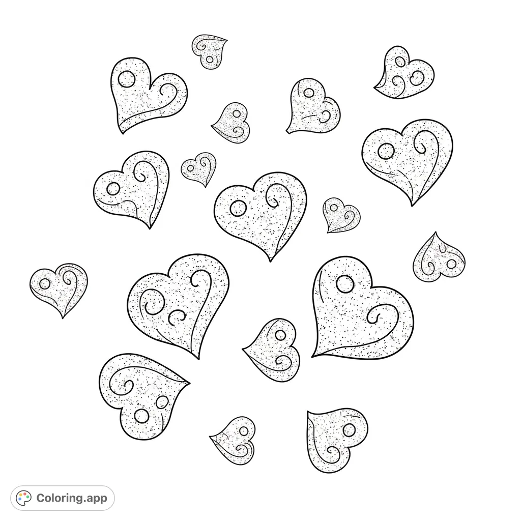 A delightful free printable hearts coloring page featuring whimsical swirling patterns and scattered decorative hearts, perfect for all ages to enjoy.