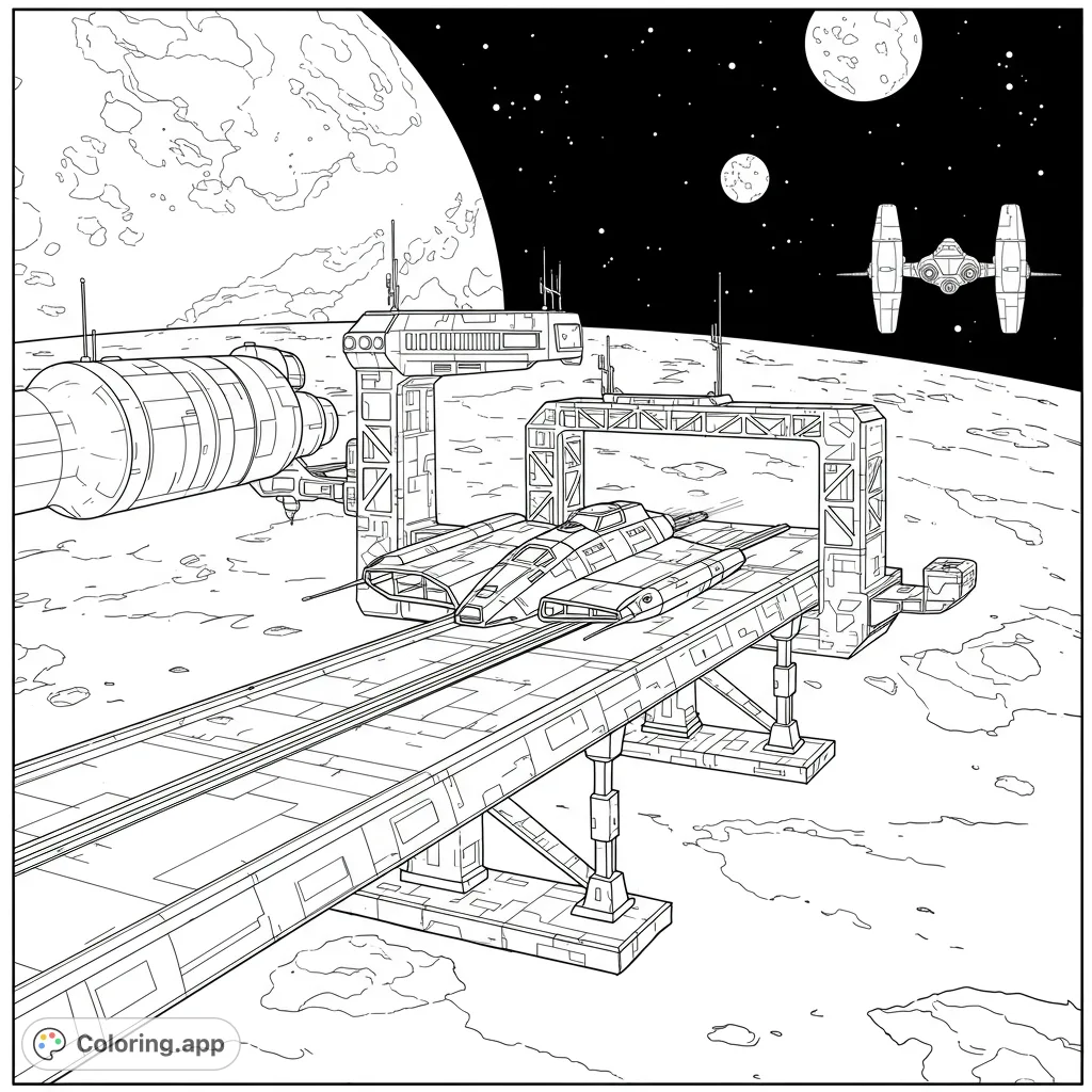 Explore a futuristic lunar base with a sleek starship ready for launch. A detailed space scene with planets, stars, and another vessel in the cosmic background.
