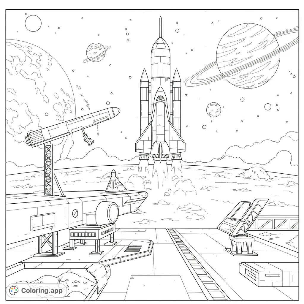 Experience an epic space shuttle launch from a futuristic lunar base, surrounded by planets and stars. A thrilling cosmic adventure free printable coloring page!