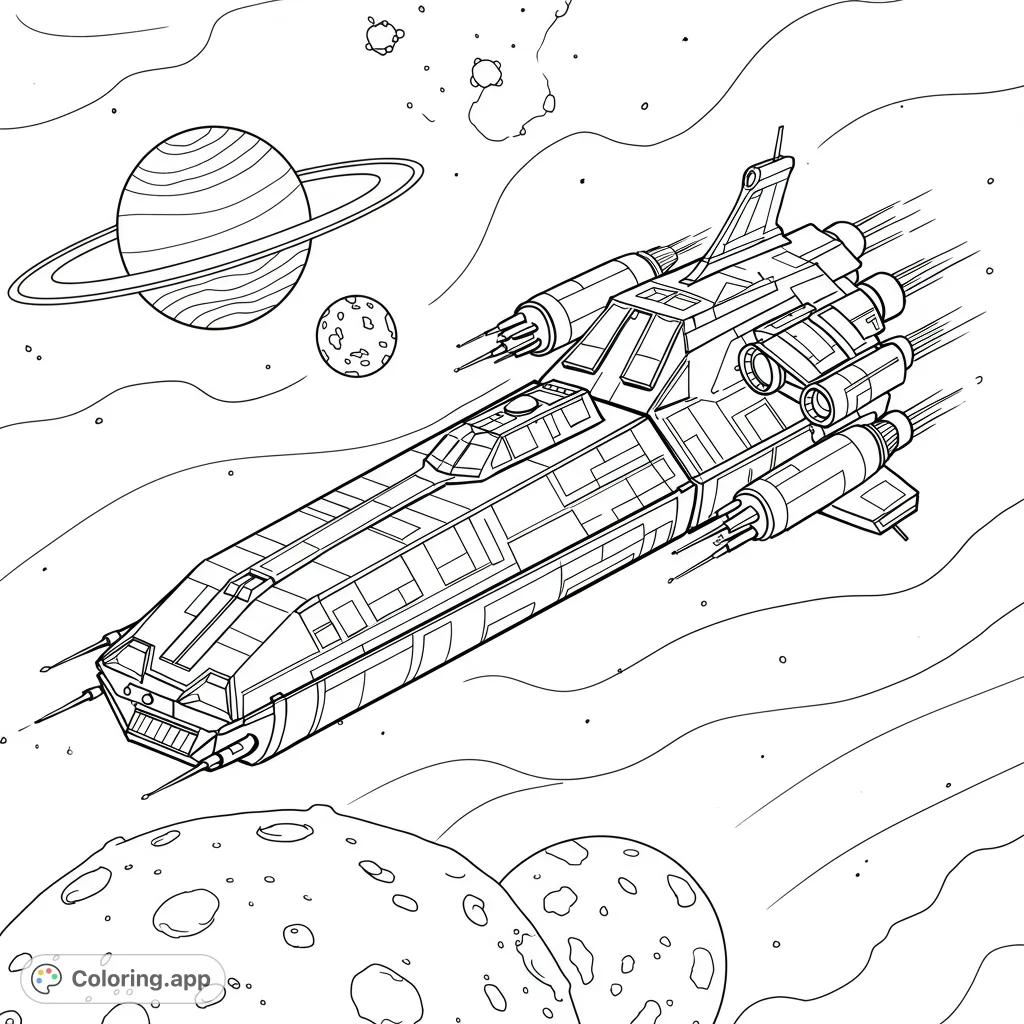A detailed starship navigates a cosmic scene with planets and asteroids. A free printable space adventure coloring page for all ages.