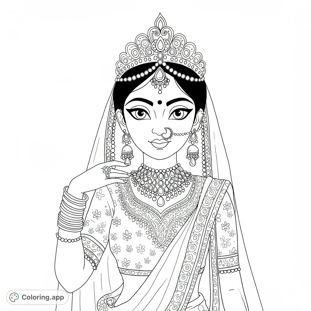 Elegant Indian bride in traditional attire with intricate jewelry and crown, a beautiful free printable coloring page for detailed coloring.