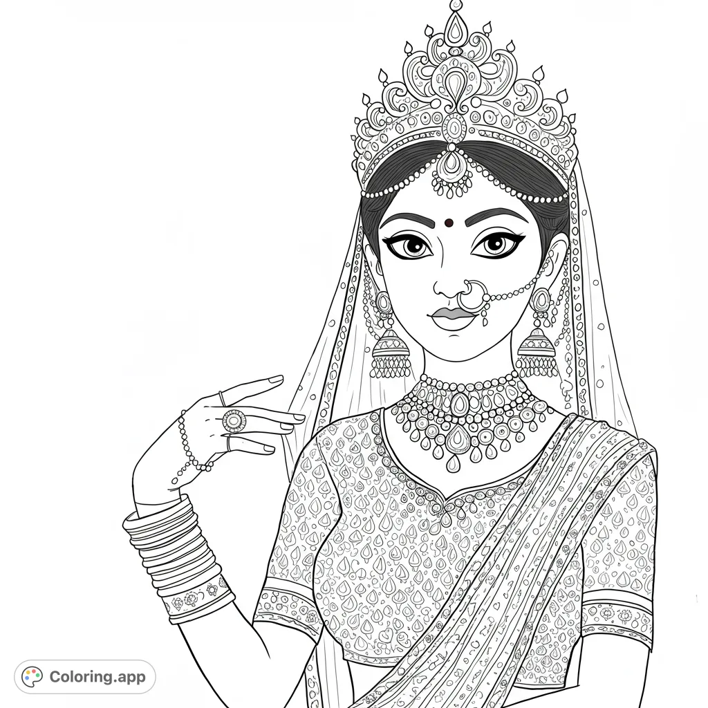 An elegant Indian bride adorned in a majestic crown and intricate traditional jewelry, perfect for detailed coloring and cultural appreciation.