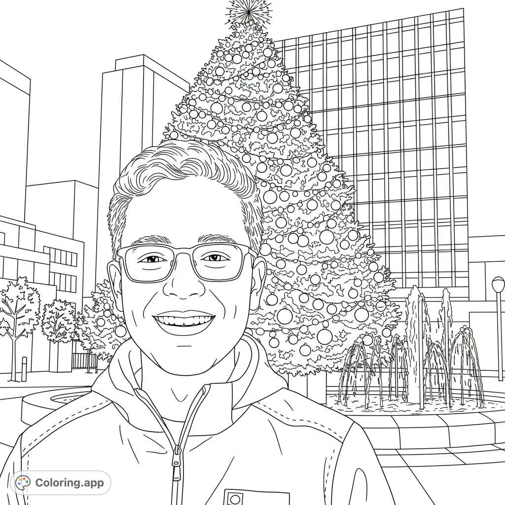 A cheerful person in glasses smiles before a grand Christmas tree and city fountain. A festive holiday coloring page for all ages.
