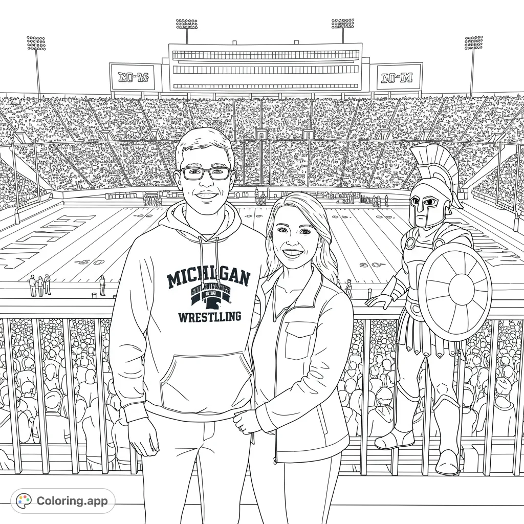 A cheerful couple and Spartan mascot at a lively football stadium, perfect for sports fans. Free printable stadium coloring page for all ages.