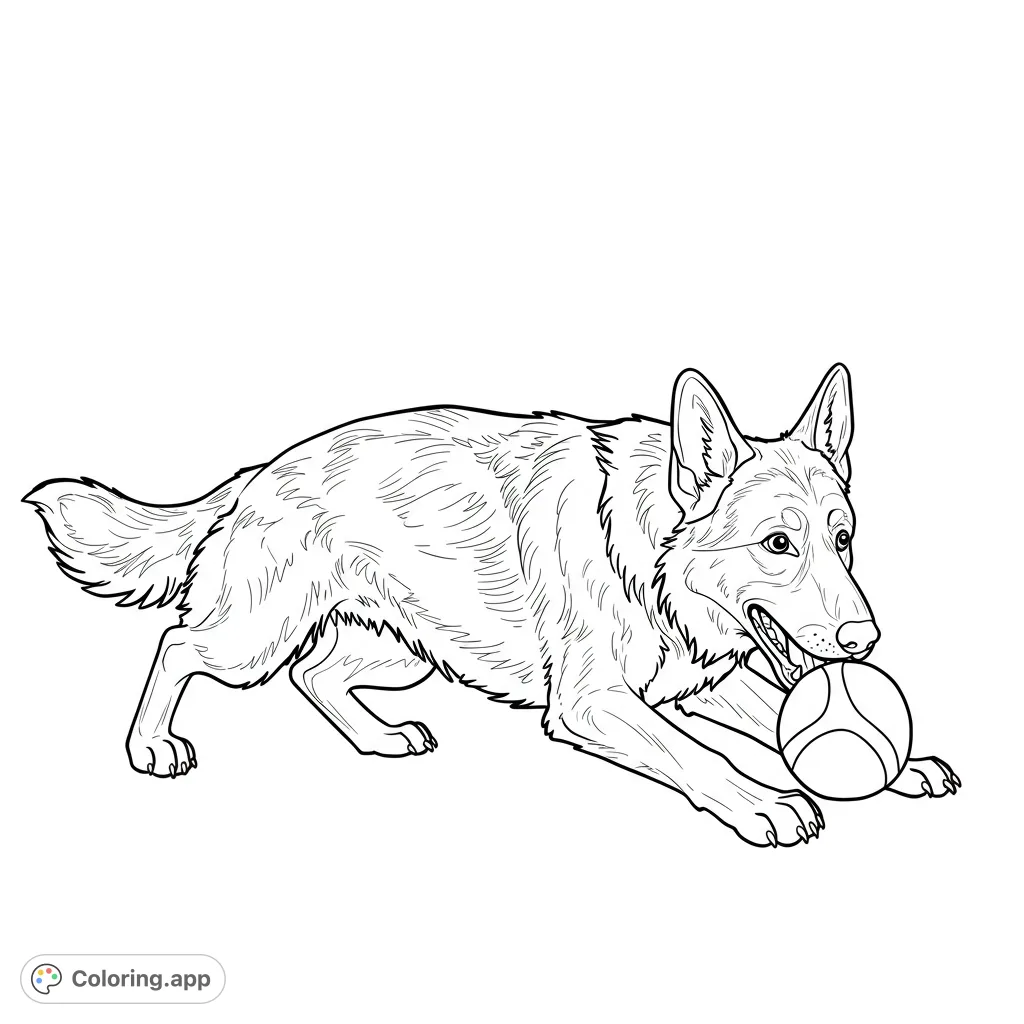 A playful German Shepherd dog pouncing with a ball, ready for fun. This free printable dog coloring page is perfect for animal lovers of all ages.