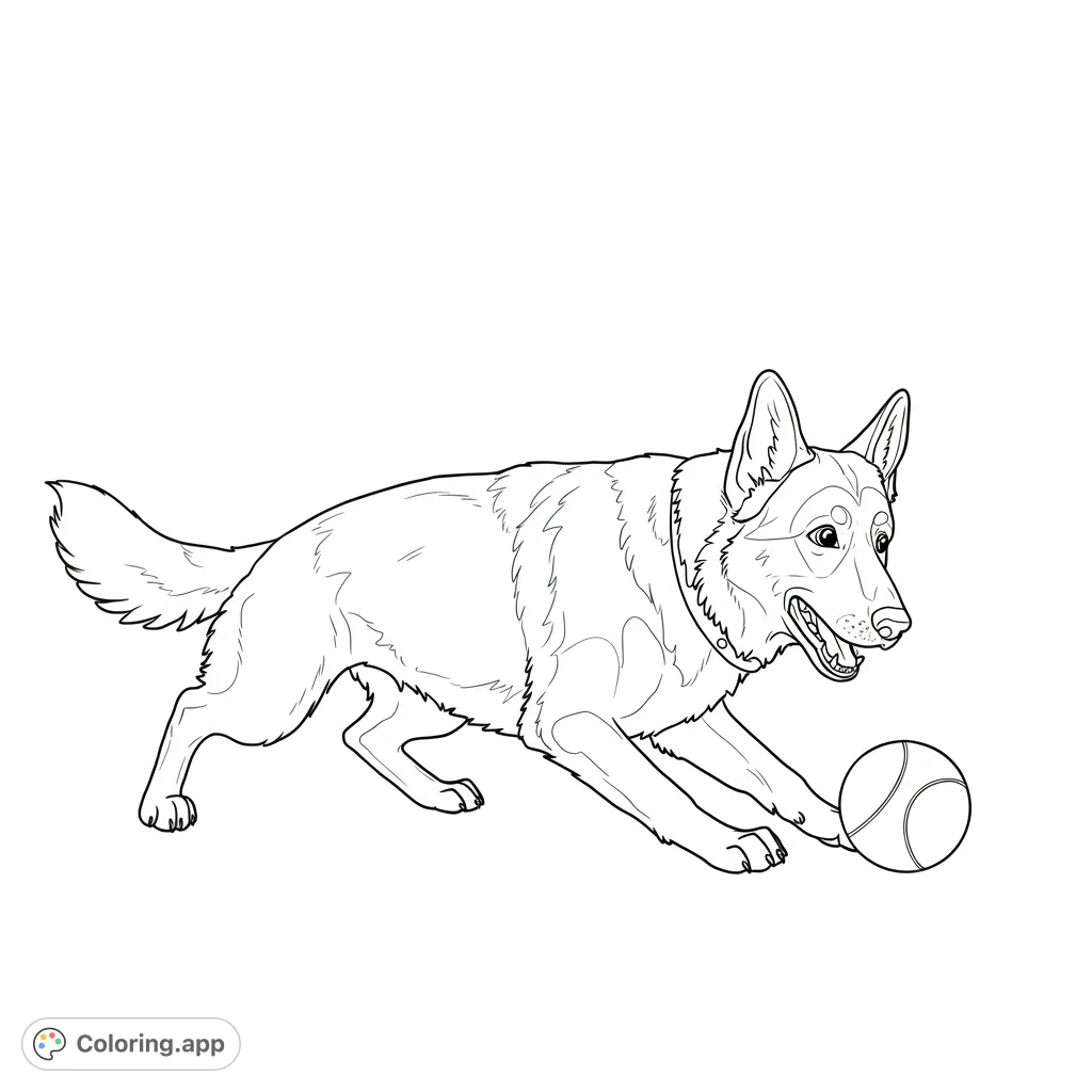 A dynamic German Shepherd coloring page, crouched and ready to play with a tennis ball. Perfect for dog lovers and free printable fun!