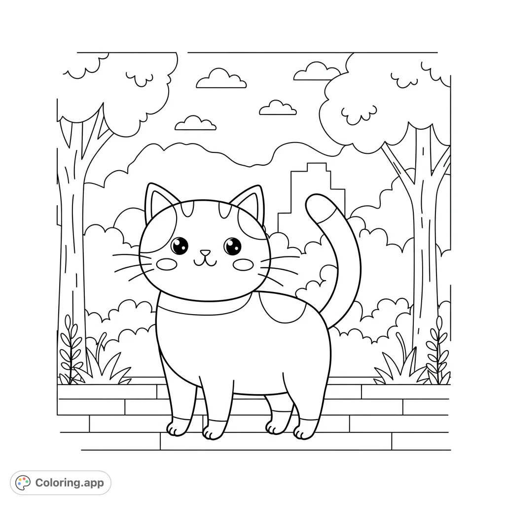 A charming cat coloring page featuring a cute feline standing on a brick wall with trees, bushes, and a city skyline in the background. Perfect for kids!