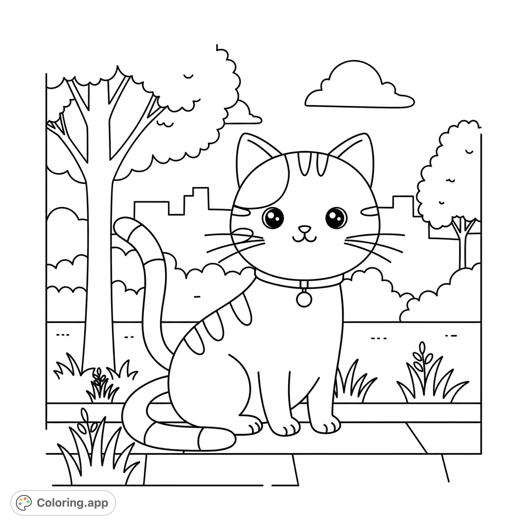 An adorable cat sits in a park setting with trees, bushes, and city outlines. A charming free printable cat coloring page for all ages.