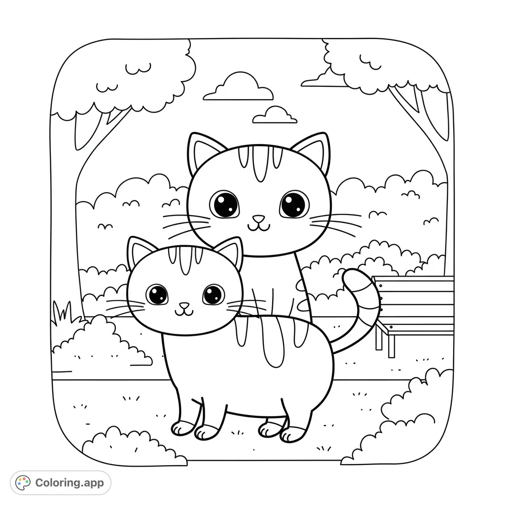 Two adorable, striped cats enjoy a sunny day in the park. A charming free printable coloring page for kids and adults.
