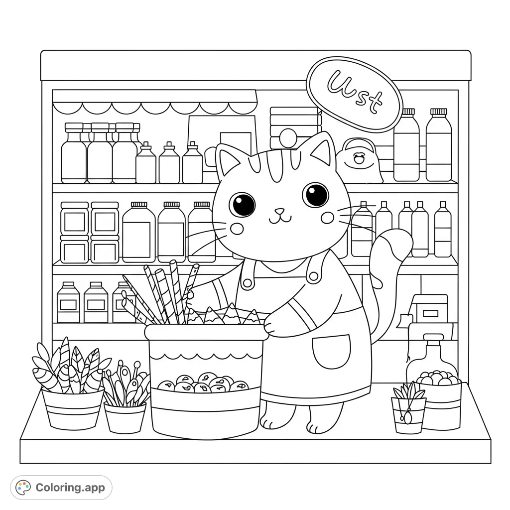 An adorable cat shopkeeper in a charming market, surrounded by shelves of delightful goods. A free printable coloring page for kids and adults.