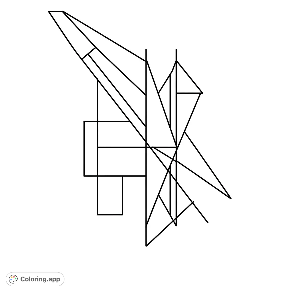 Explore an abstract geometric line drawing with intersecting lines forming a complex array of shapes, perfect for creative coloring.