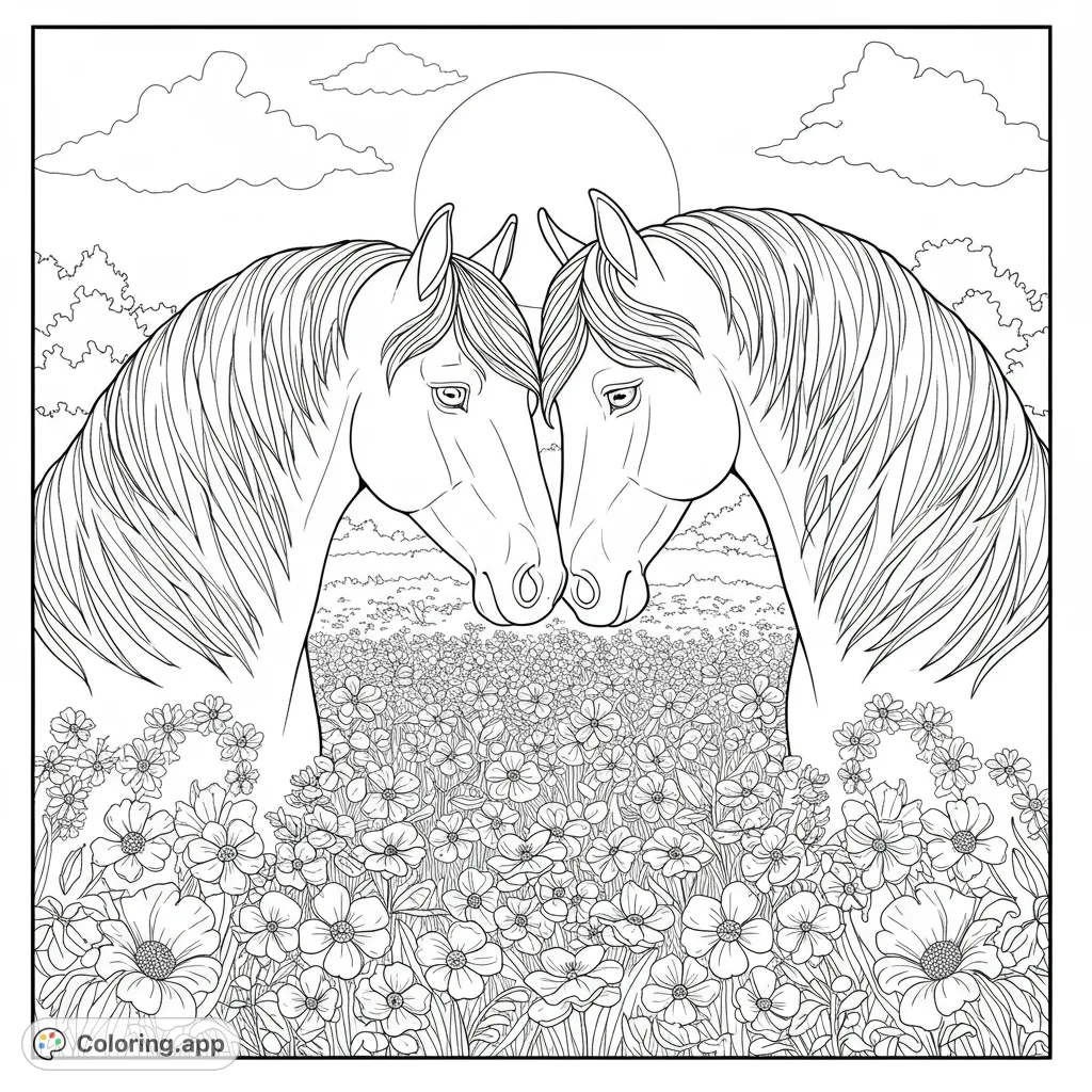 Two majestic horses gently touch noses in a vibrant field of wildflowers under a serene sun. A beautiful nature-themed coloring page.