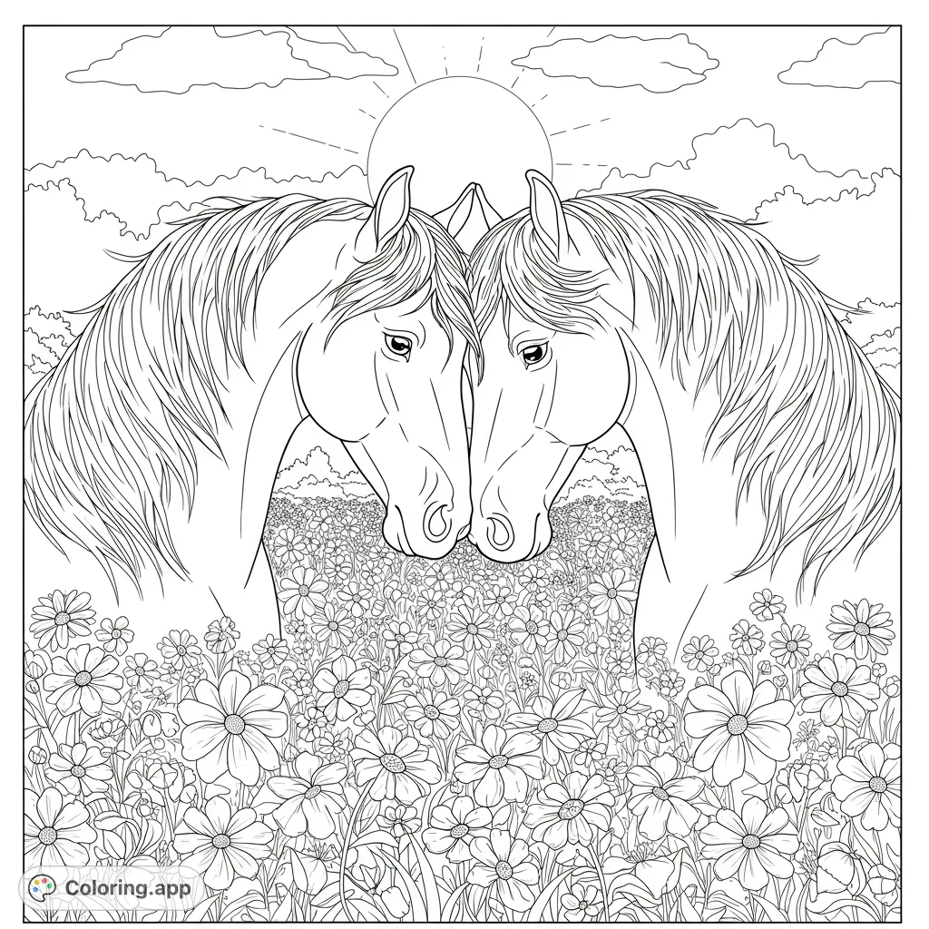 A beautiful horse coloring page featuring two horses nuzzling in a vibrant wildflower meadow under a sunny sky. Perfect for animal lovers!