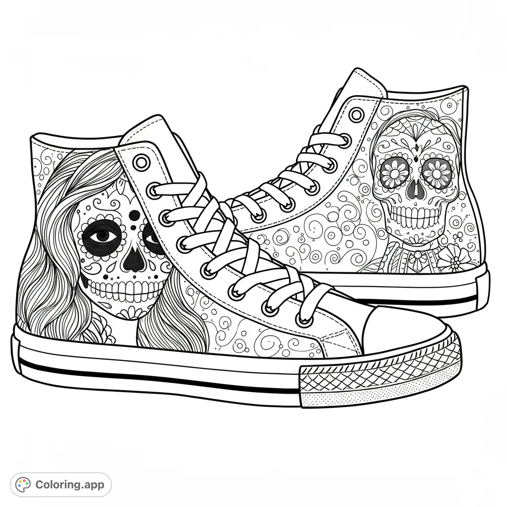 Detailed sugar skull sneakers coloring page. Intricate patterns and unique designs offer a creative challenge for all ages. Free printable coloring page fun!