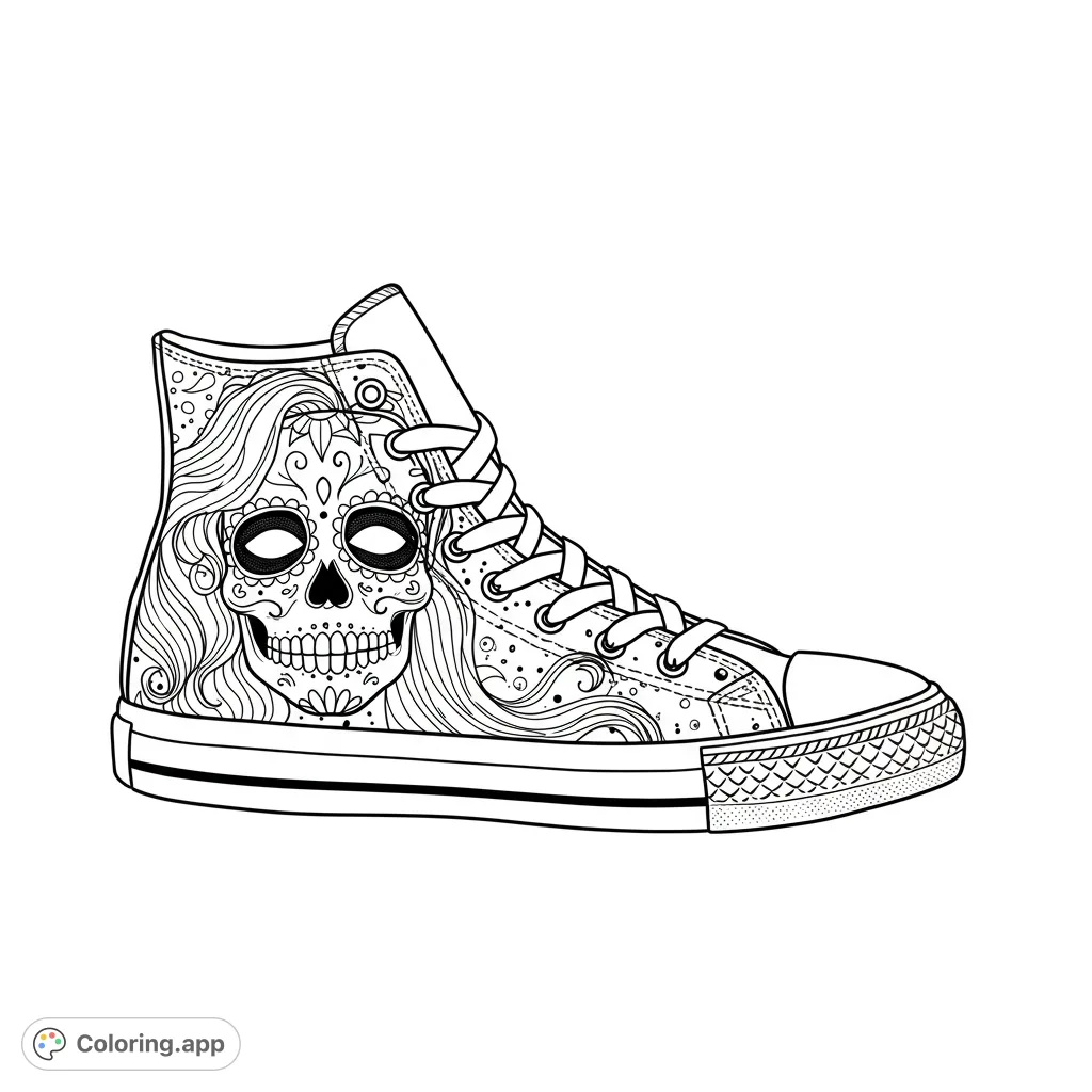 An intricate sugar skull high-top sneaker coloring page, perfect for creative expression. Features detailed patterns and a unique Day of the Dead theme.