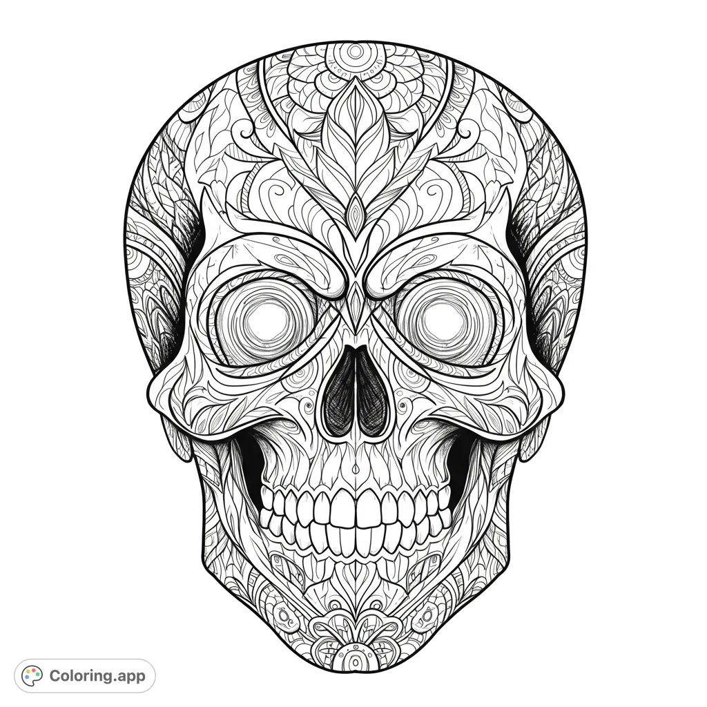 An intricate sugar skull coloring page adorned with detailed floral and swirling patterns, perfect for mindful coloring and artistic expression.