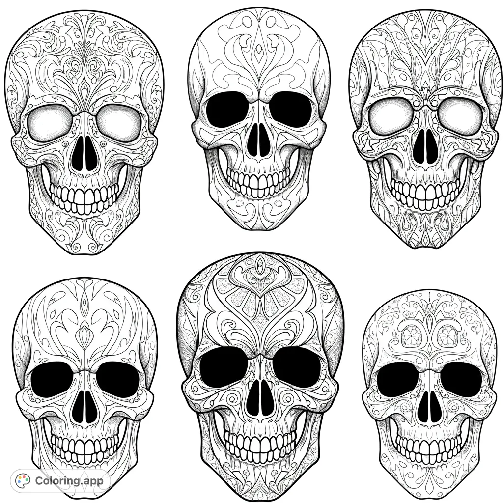 Six intricately patterned decorative skulls, perfect for a unique and detailed coloring experience. Explore complex designs and unleash your creativity.
