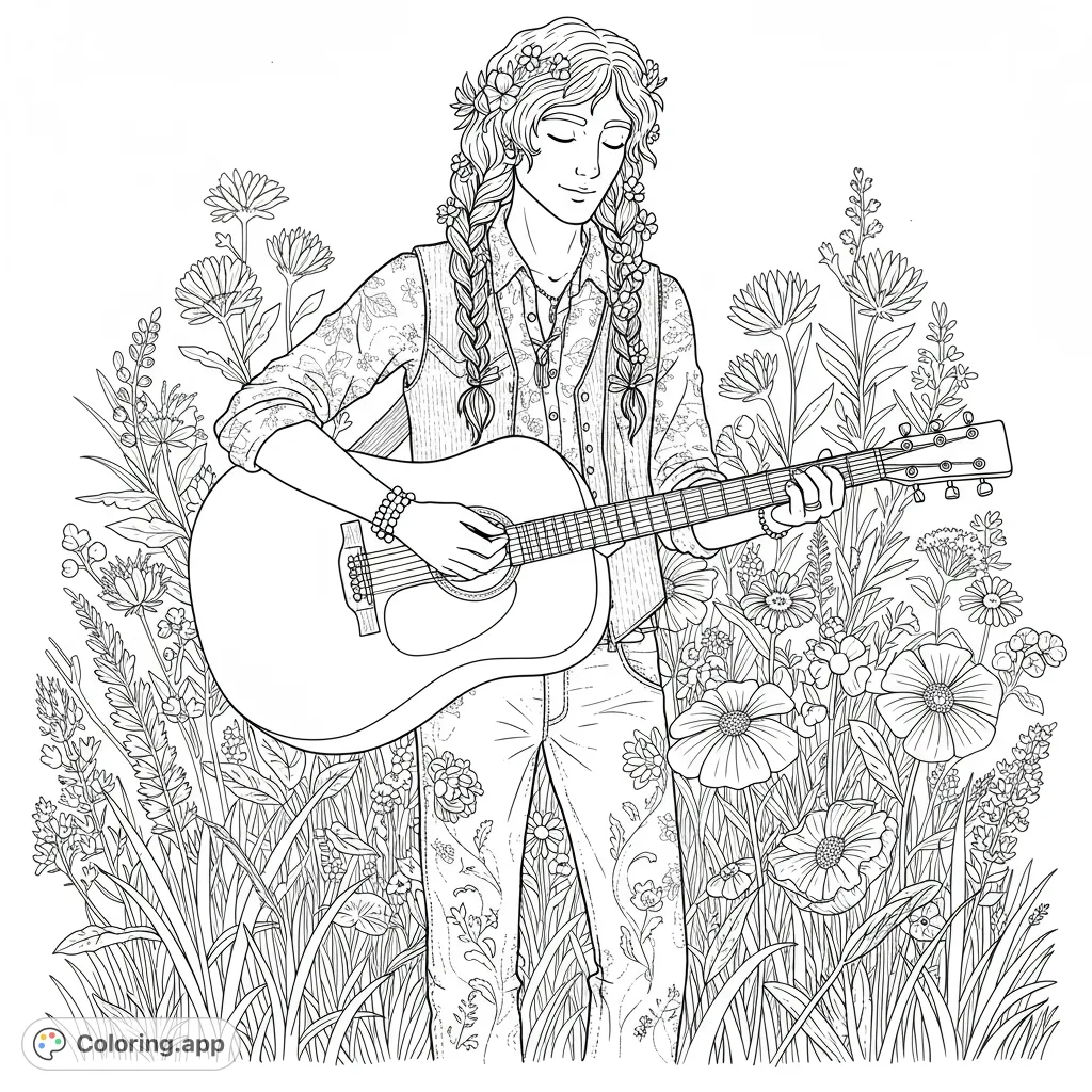 A serene bohemian musician plays guitar amidst a vibrant field of wildflowers. Perfect for a peaceful, nature-inspired coloring experience.