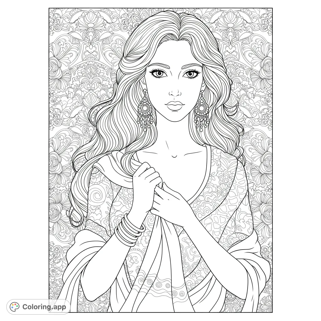 An elegant woman with flowing hair and intricate patterns on her attire and background, perfect for detailed coloring and relaxation.
