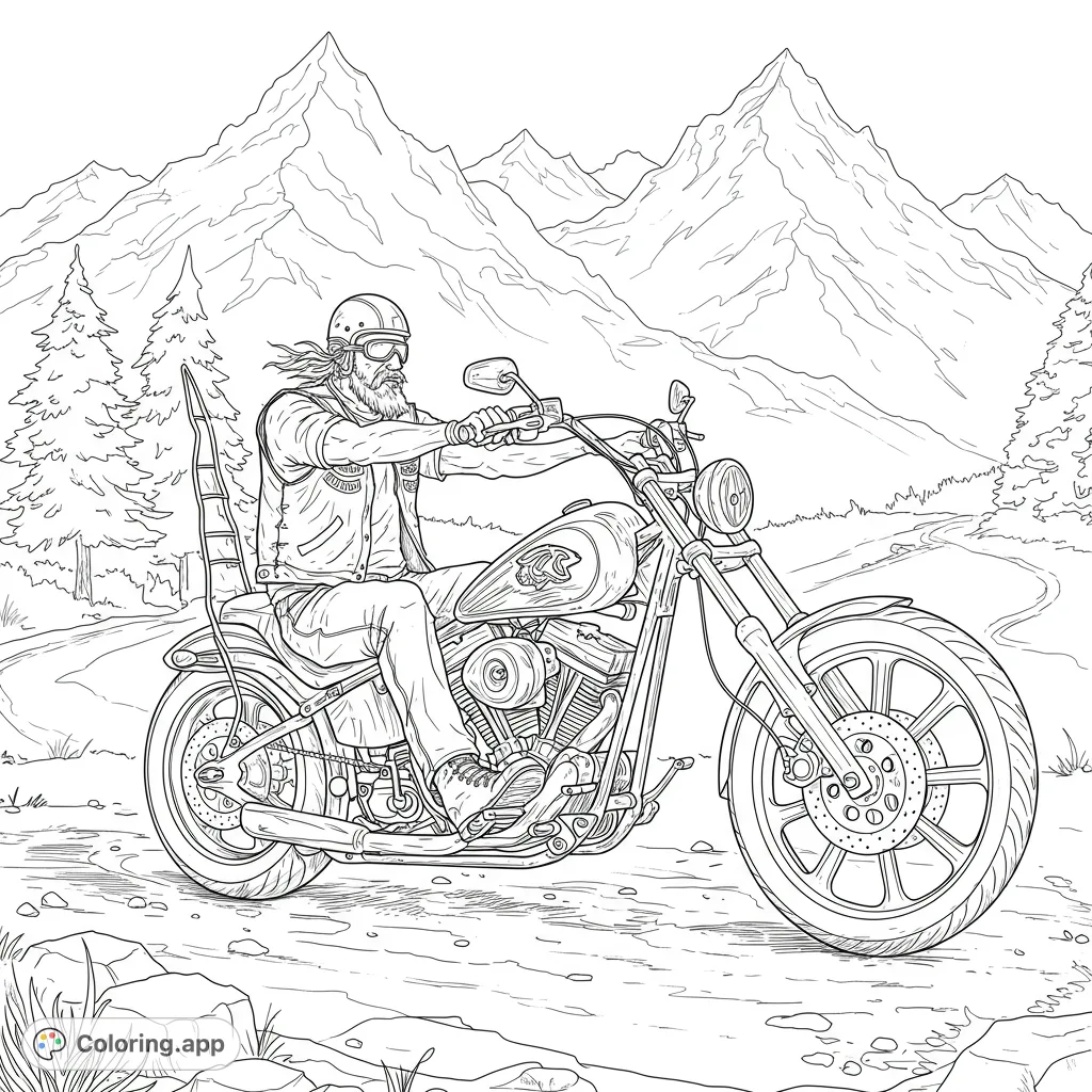 Ride through scenic mountains with a cool biker on a powerful motorcycle. A detailed adventure scene perfect for a free printable coloring page.