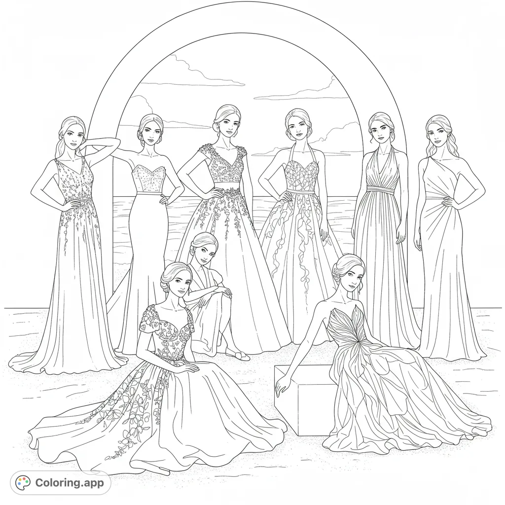 Eight elegant women in stunning, intricately detailed gowns pose under an archway. A beautiful fashion-themed free printable coloring page.