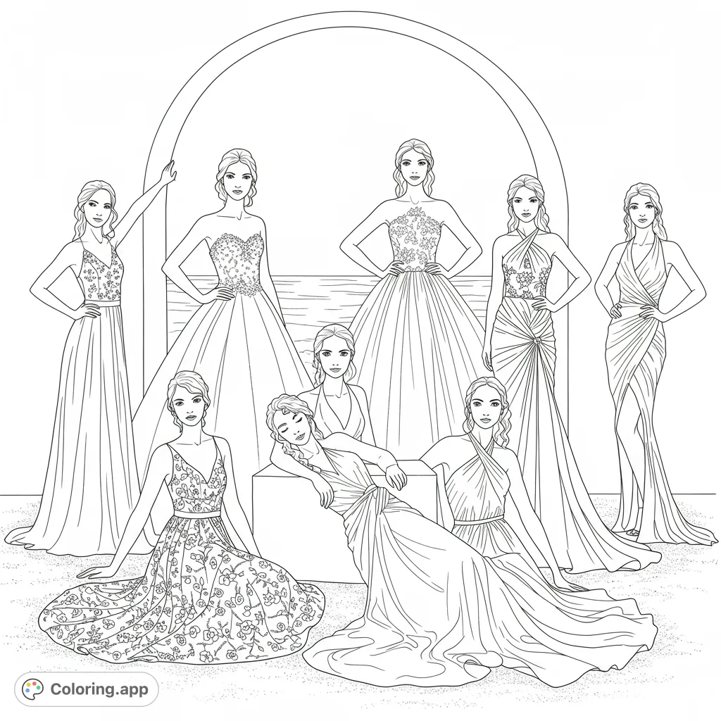 Seven elegant women in diverse, intricate gowns pose gracefully against an archway and horizon, perfect for detailed fashion coloring.