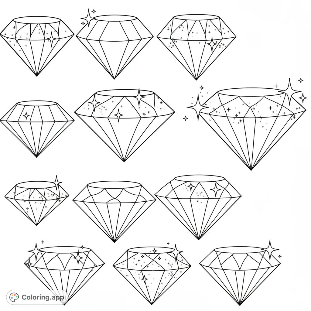 A dazzling collection of eleven sparkling diamonds, each with intricate facets and brilliant highlights, ready for vibrant coloring.