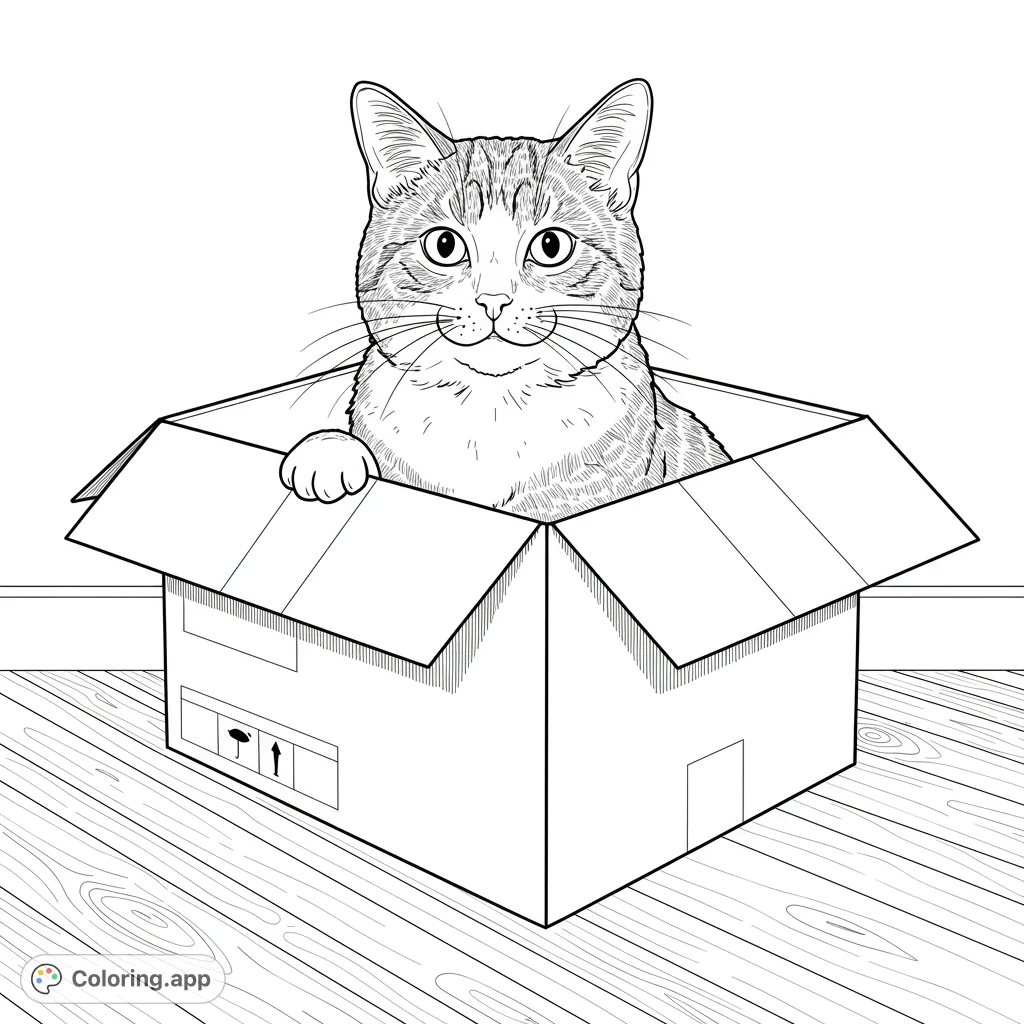 A charming cat peeks from a cardboard box on a wooden floor. A delightful free printable cat coloring page for kids and adults, perfect for pet lovers.